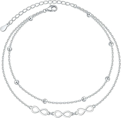 Anklet for Women Girl S925 Sterling Silver Adjustable Beach Style Foot Layered Ankle Bracelet Disc Evil Eye Heart Infinity Bead Cross Jewelry Apparel & Accessories > Jewelry > Anklets Harmonyball Jewelry Infinity Bead Layered  