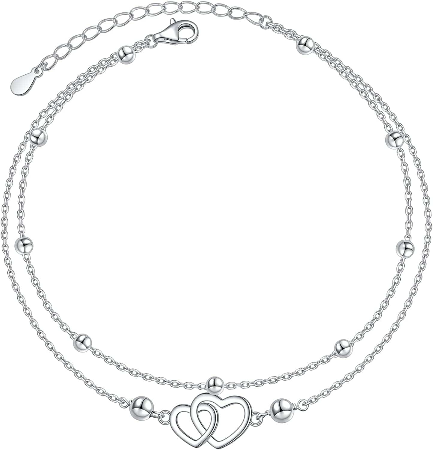 Anklet for Women Girl S925 Sterling Silver Adjustable Beach Style Foot Layered Ankle Bracelet Disc Evil Eye Heart Infinity Bead Cross Jewelry Apparel & Accessories > Jewelry > Anklets Harmonyball Jewelry Heart Layered  