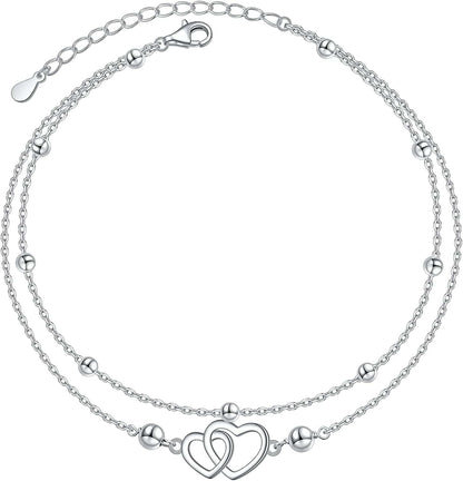 Anklet for Women Girl S925 Sterling Silver Adjustable Beach Style Foot Layered Ankle Bracelet Disc Evil Eye Heart Infinity Bead Cross Jewelry Apparel & Accessories > Jewelry > Anklets Harmonyball Jewelry Heart Layered  