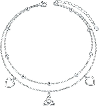 Anklet for Women Girl S925 Sterling Silver Adjustable Beach Style Foot Layered Ankle Bracelet Disc Evil Eye Heart Infinity Bead Cross Jewelry Apparel & Accessories > Jewelry > Anklets Harmonyball Jewelry Heart Celtic Knot  