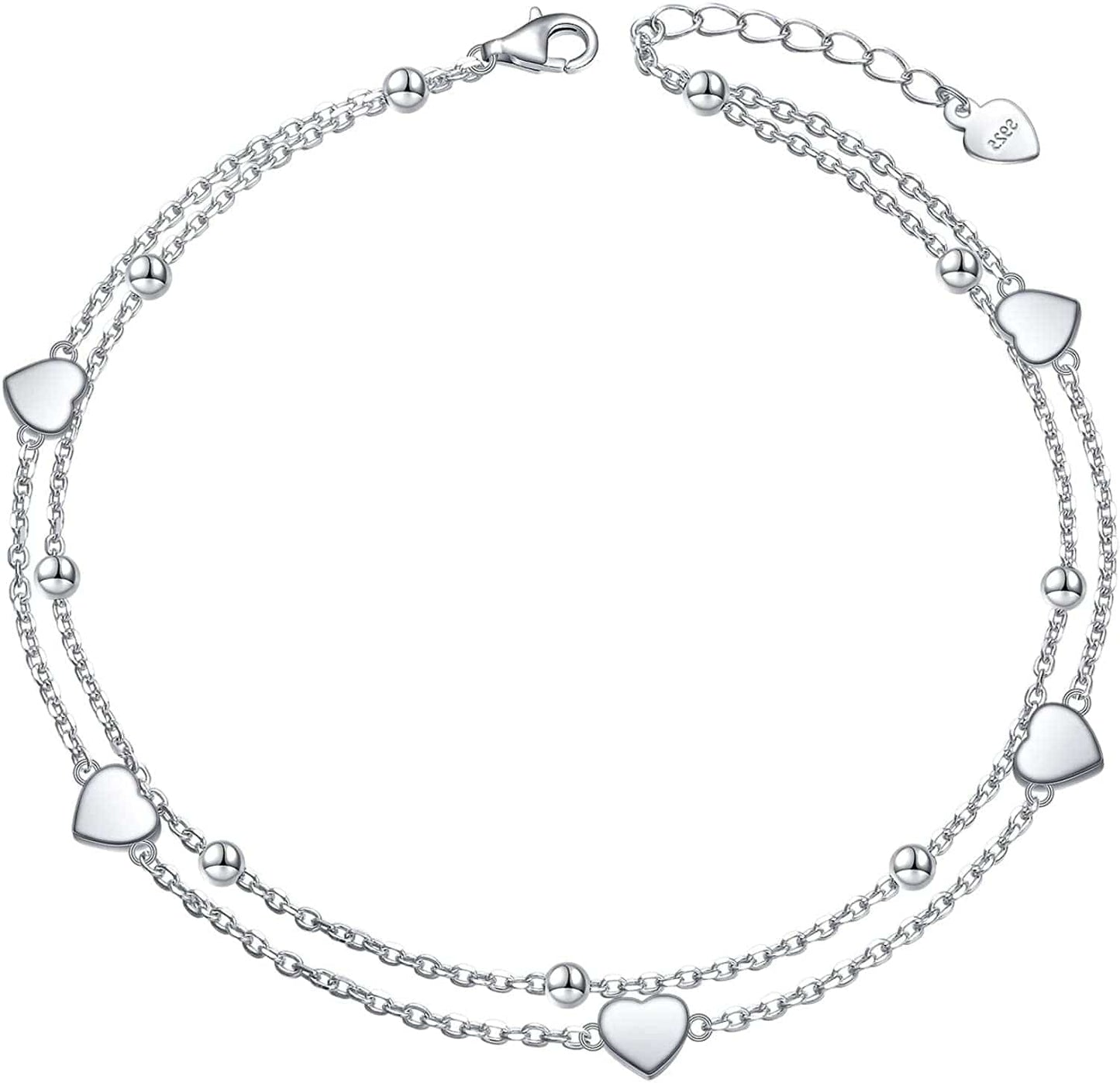 Anklet for Women Girl S925 Sterling Silver Adjustable Beach Style Foot Layered Ankle Bracelet Disc Evil Eye Heart Infinity Bead Cross Jewelry Apparel & Accessories > Jewelry > Anklets Harmonyball Jewelry Heart Bead  