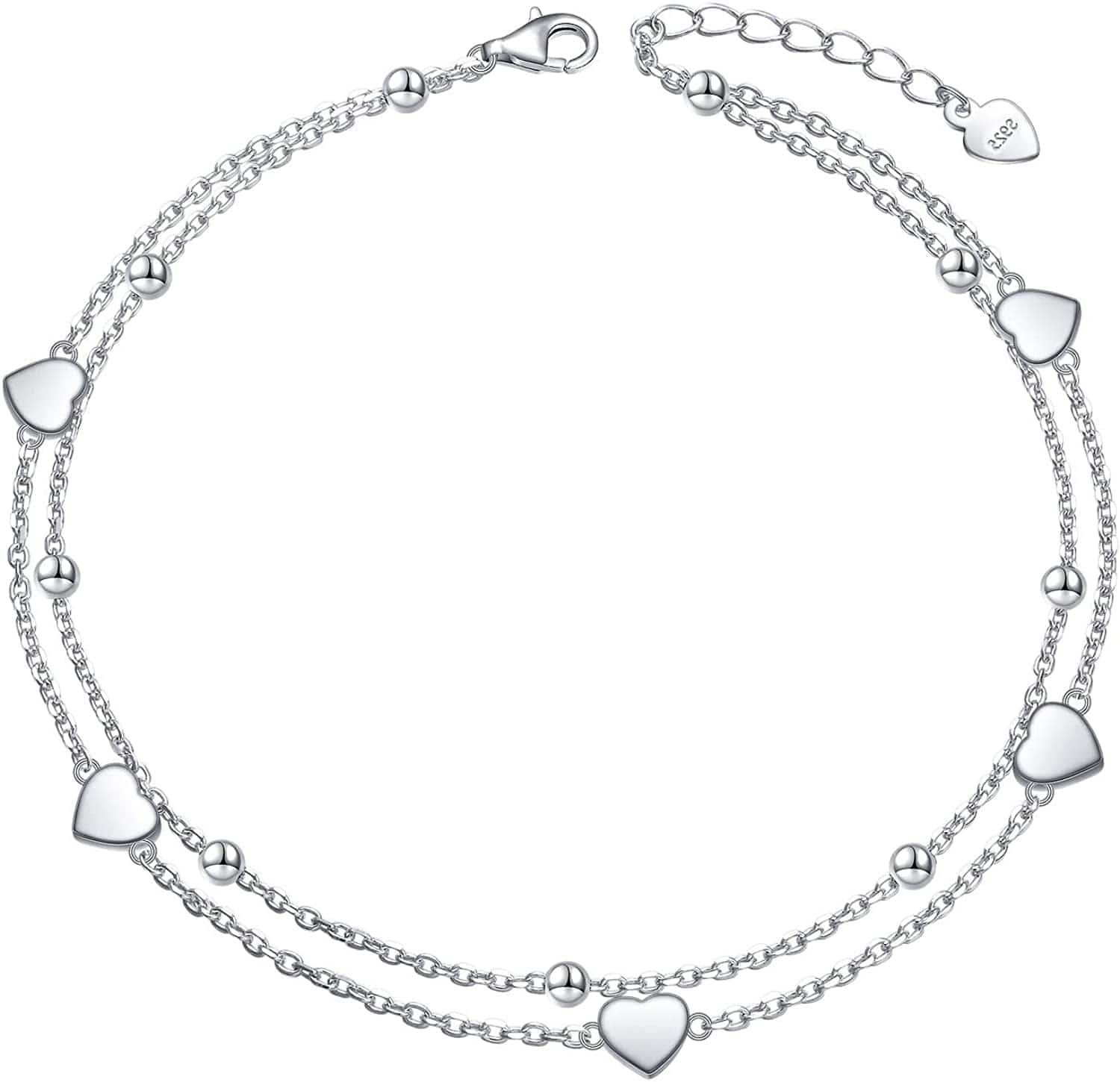 Anklet for Women Girl S925 Sterling Silver Adjustable Beach Style Foot Layered Ankle Bracelet Disc Evil Eye Heart Infinity Bead Cross Jewelry Apparel & Accessories > Jewelry > Anklets Harmonyball Jewelry Heart Bead  