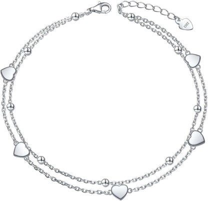 Anklet for Women Girl S925 Sterling Silver Adjustable Beach Style Foot Layered Ankle Bracelet Disc Evil Eye Heart Infinity Bead Cross Jewelry Apparel & Accessories > Jewelry > Anklets Harmonyball Jewelry Heart Bead  