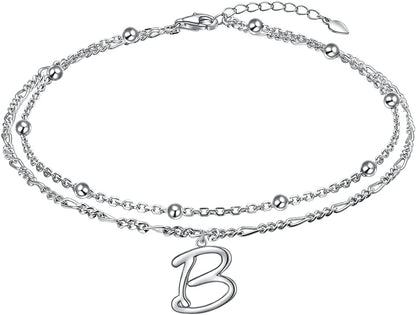 Anklet for Women S925 Sterling Silver Adjustable Foot Ankle Bracelet with Initials Anklets for Girls Apparel & Accessories > Jewelry > Anklets Silver Light Jewelry Figaro chain B  