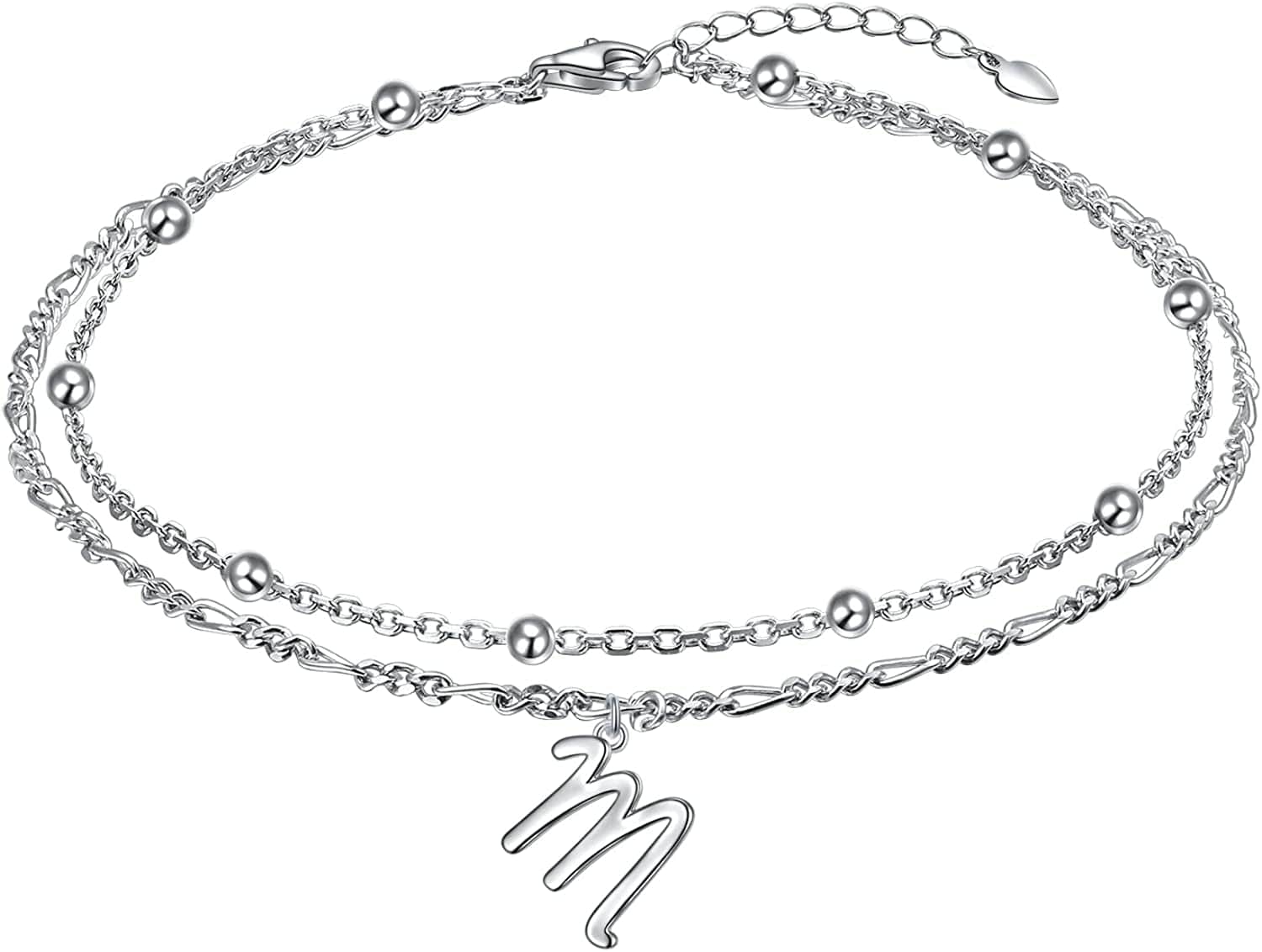 Anklet for Women S925 Sterling Silver Adjustable Foot Ankle Bracelet with Initials Anklets for Girls Apparel & Accessories > Jewelry > Anklets Silver Light Jewelry Figaro chain M  