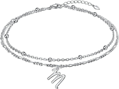 Anklet for Women S925 Sterling Silver Adjustable Foot Ankle Bracelet with Initials Anklets for Girls Apparel & Accessories > Jewelry > Anklets Silver Light Jewelry Figaro chain M  