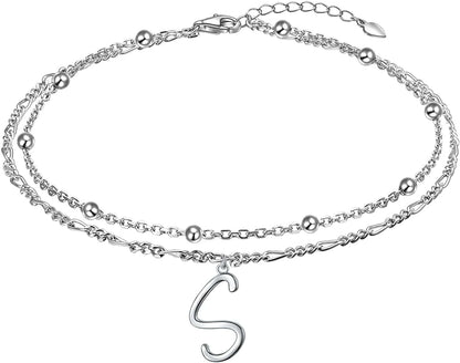 Anklet for Women S925 Sterling Silver Adjustable Foot Ankle Bracelet with Initials Anklets for Girls Apparel & Accessories > Jewelry > Anklets Silver Light Jewelry Figaro chain S  