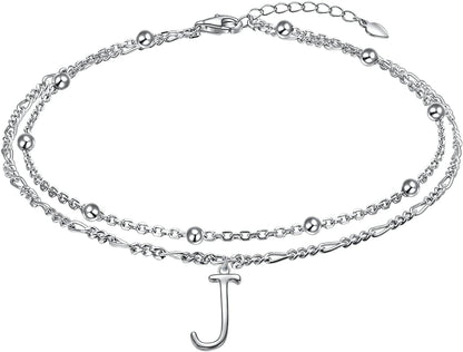 Anklet for Women S925 Sterling Silver Adjustable Foot Ankle Bracelet with Initials Anklets for Girls Apparel & Accessories > Jewelry > Anklets Silver Light Jewelry Figaro chain J  