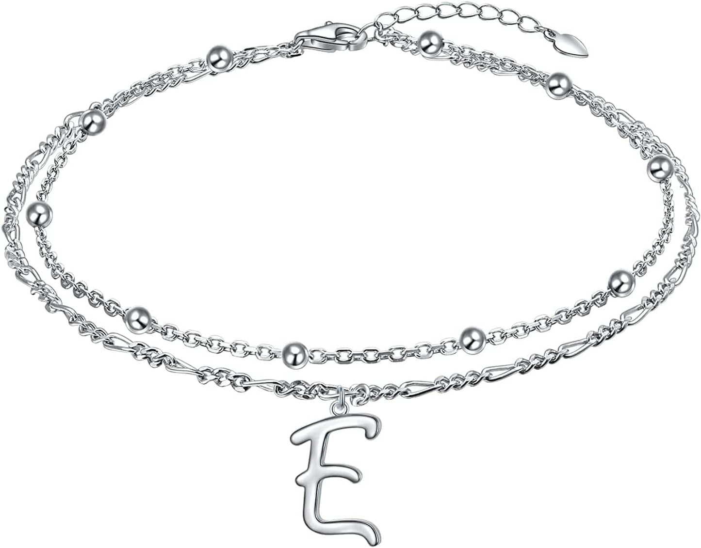 Anklet for Women S925 Sterling Silver Adjustable Foot Ankle Bracelet with Initials Anklets for Girls Apparel & Accessories > Jewelry > Anklets Silver Light Jewelry Figaro chain E  