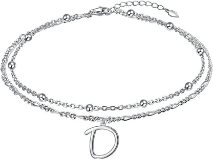 Anklet for Women S925 Sterling Silver Adjustable Foot Ankle Bracelet with Initials Anklets for Girls Apparel & Accessories > Jewelry > Anklets Silver Light Jewelry Figaro chain D  