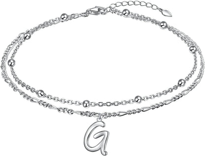 Anklet for Women S925 Sterling Silver Adjustable Foot Ankle Bracelet with Initials Anklets for Girls Apparel & Accessories > Jewelry > Anklets Silver Light Jewelry Figaro chain G  