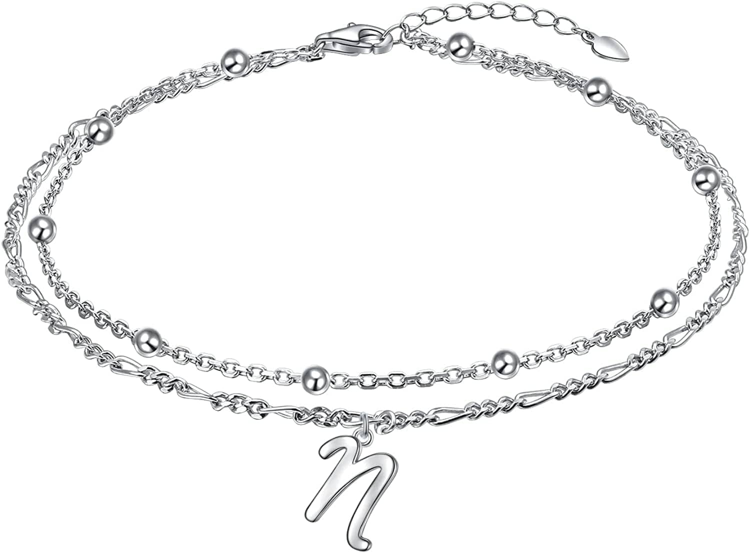 Anklet for Women S925 Sterling Silver Adjustable Foot Ankle Bracelet with Initials Anklets for Girls Apparel & Accessories > Jewelry > Anklets Silver Light Jewelry Figaro chain N  
