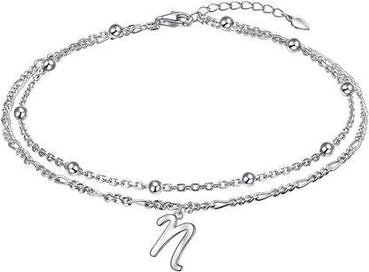 Anklet for Women S925 Sterling Silver Adjustable Foot Ankle Bracelet with Initials Anklets for Girls Apparel & Accessories > Jewelry > Anklets Silver Light Jewelry Figaro chain N  