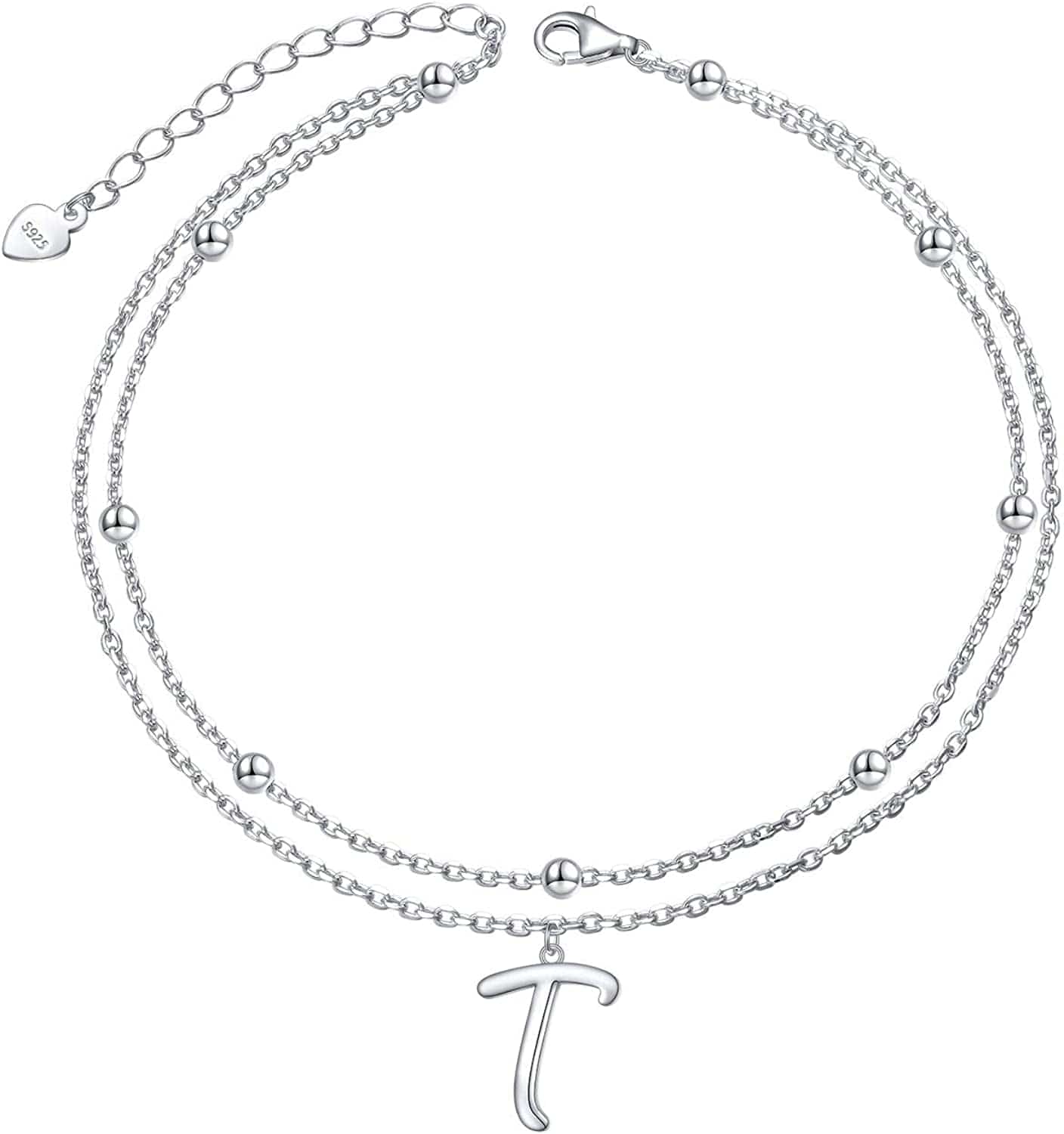 Anklet for Women S925 Sterling Silver Adjustable Foot Ankle Bracelet with Initials Anklets for Girls Apparel & Accessories > Jewelry > Anklets Silver Light Jewelry Initial T  