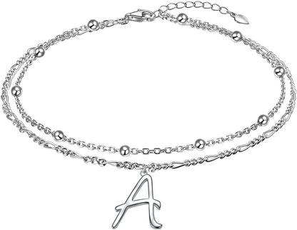 Anklet for Women S925 Sterling Silver Adjustable Foot Ankle Bracelet with Initials Anklets for Girls Apparel & Accessories > Jewelry > Anklets Silver Light Jewelry Figaro chain A  