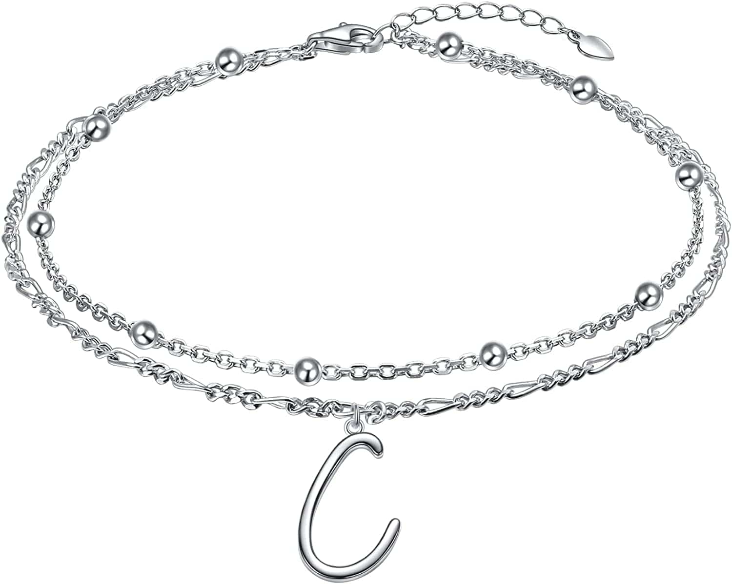 Anklet for Women S925 Sterling Silver Adjustable Foot Ankle Bracelet with Initials Anklets for Girls Apparel & Accessories > Jewelry > Anklets Silver Light Jewelry Figaro chain C  