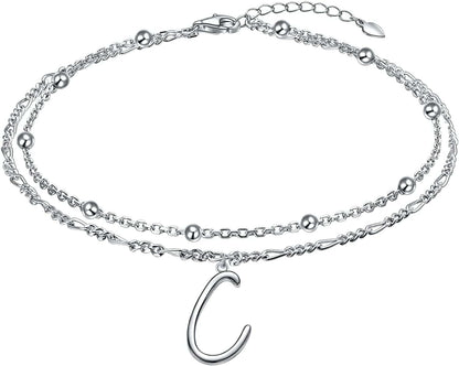 Anklet for Women S925 Sterling Silver Adjustable Foot Ankle Bracelet with Initials Anklets for Girls Apparel & Accessories > Jewelry > Anklets Silver Light Jewelry Figaro chain C  
