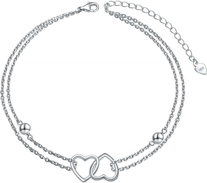 Anklet for Women S925 Sterling Silver Adjustable Foot Evil Eye Starfish Heart Bead Butterfly Celtic Knot Cross Multilayer Layered Ankle Bracelet Jewelry Apparel & Accessories > Jewelry > Anklets ALPHM Jewelry Factory Double Heart.  