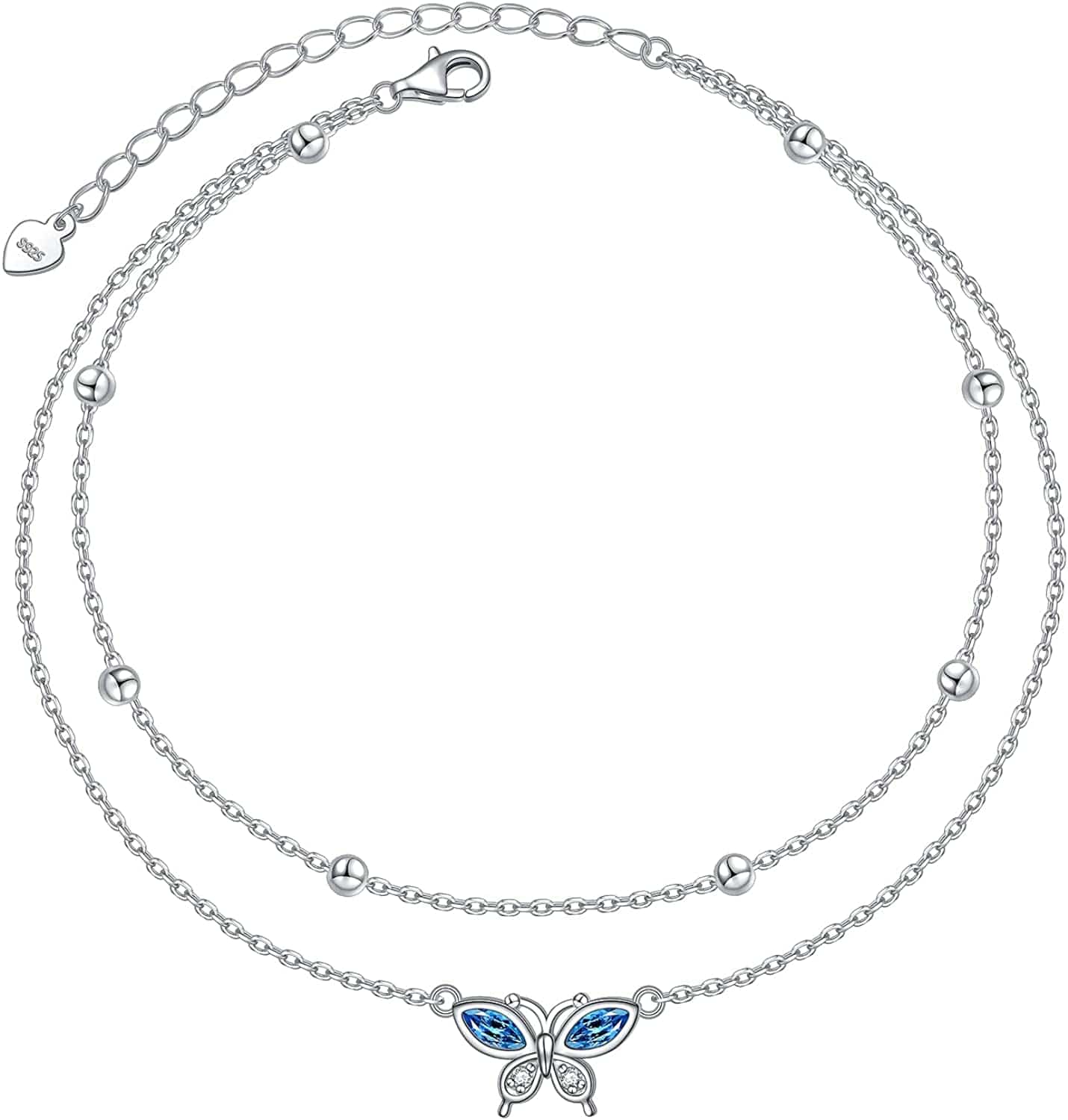 Anklet for Women S925 Sterling Silver Adjustable Foot Evil Eye Starfish Heart Bead Butterfly Celtic Knot Cross Multilayer Layered Ankle Bracelet Jewelry Apparel & Accessories > Jewelry > Anklets ALPHM Jewelry Factory Butterfly Layered  