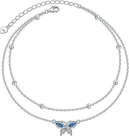 Anklet for Women S925 Sterling Silver Adjustable Foot Evil Eye Starfish Heart Bead Butterfly Celtic Knot Cross Multilayer Layered Ankle Bracelet Jewelry Apparel & Accessories > Jewelry > Anklets ALPHM Jewelry Factory Butterfly Layered  