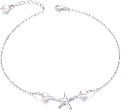 Anklet for Women S925 Sterling Silver Adjustable Foot Evil Eye Starfish Heart Bead Butterfly Celtic Knot Cross Multilayer Layered Ankle Bracelet Jewelry Apparel & Accessories > Jewelry > Anklets ALPHM Jewelry Factory Starfish  