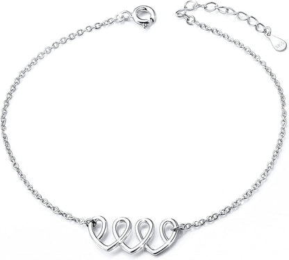 Anklet for Women S925 Sterling Silver Adjustable Foot Evil Eye Starfish Heart Bead Butterfly Celtic Knot Cross Multilayer Layered Ankle Bracelet Jewelry Apparel & Accessories > Jewelry > Anklets ALPHM Jewelry Factory Three Heart  