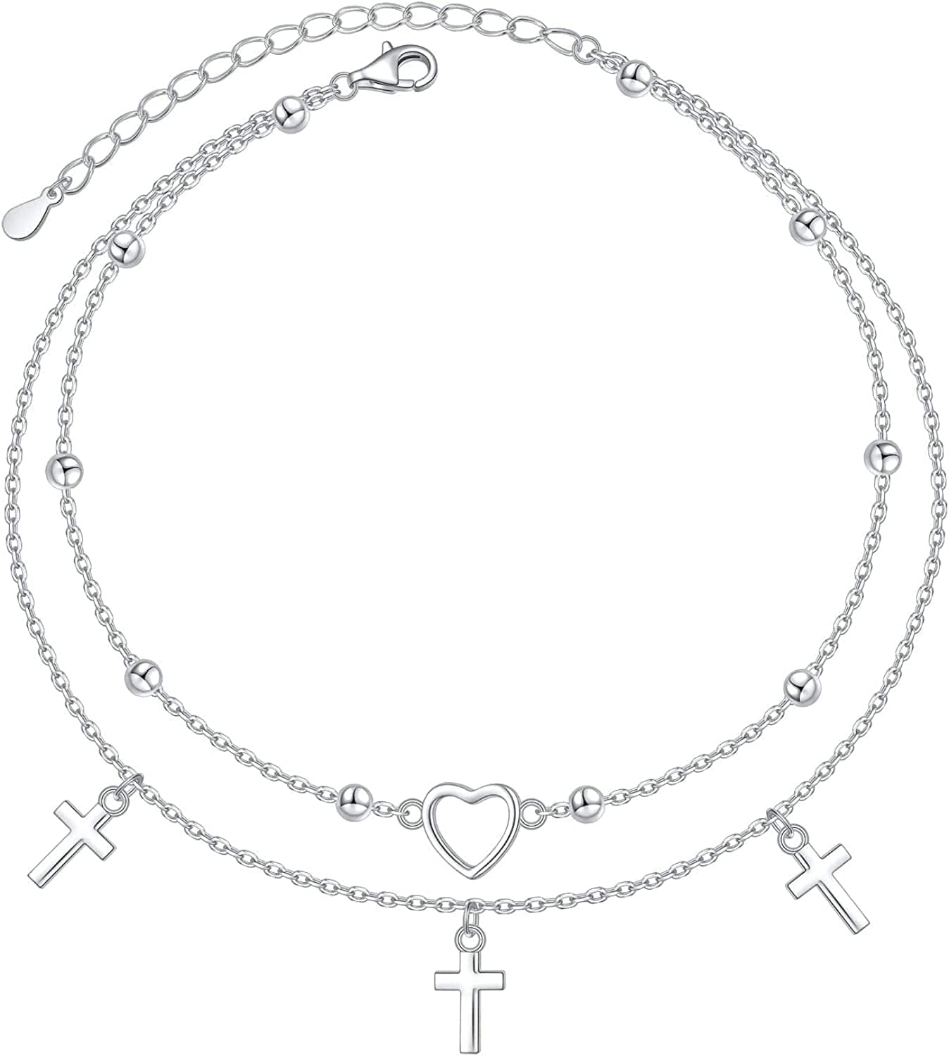 Anklet for Women S925 Sterling Silver Adjustable Foot Evil Eye Starfish Heart Bead Butterfly Celtic Knot Cross Multilayer Layered Ankle Bracelet Jewelry Apparel & Accessories > Jewelry > Anklets ALPHM Jewelry Factory Heart Cross Layered  