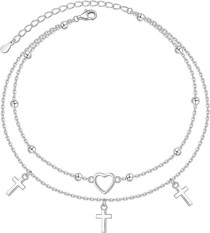 Anklet for Women S925 Sterling Silver Adjustable Foot Evil Eye Starfish Heart Bead Butterfly Celtic Knot Cross Multilayer Layered Ankle Bracelet Jewelry Apparel & Accessories > Jewelry > Anklets ALPHM Jewelry Factory Heart Cross Layered  