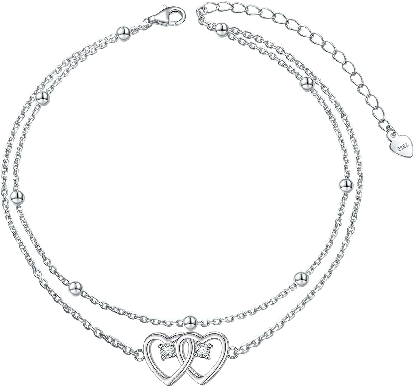 Anklet for Women S925 Sterling Silver Adjustable Foot Evil Eye Starfish Heart Bead Butterfly Celtic Knot Cross Multilayer Layered Ankle Bracelet Jewelry Apparel & Accessories > Jewelry > Anklets ALPHM Jewelry Factory Double Heart  