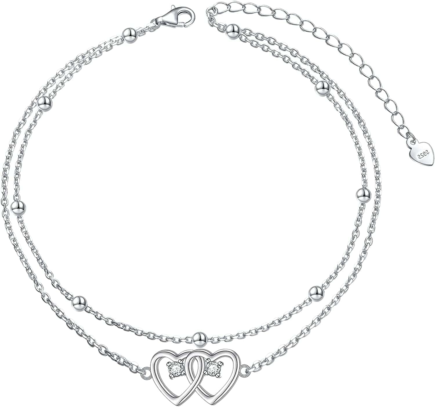 Anklet for Women S925 Sterling Silver Adjustable Foot Evil Eye Starfish Heart Bead Butterfly Celtic Knot Cross Multilayer Layered Ankle Bracelet Jewelry Apparel & Accessories > Jewelry > Anklets ALPHM Jewelry Factory Double Heart  