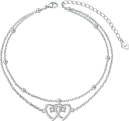 Anklet for Women S925 Sterling Silver Adjustable Foot Evil Eye Starfish Heart Bead Butterfly Celtic Knot Cross Multilayer Layered Ankle Bracelet Jewelry Apparel & Accessories > Jewelry > Anklets ALPHM Jewelry Factory Double Heart  