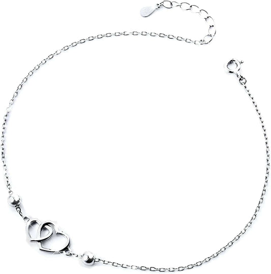 Anklet for Women S925 Sterling Silver Adjustable Foot Heart Lotus Infinity Moon Srars Flower Pearl Multilayer Layered Ankle Bracelet Beach Jewelry Apparel & Accessories > Jewelry > Anklets ALPHM Jewelry Factory Double Heart  