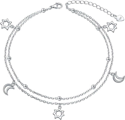 Anklet for Women S925 Sterling Silver Adjustable Foot Heart Lotus Infinity Moon Srars Flower Pearl Multilayer Layered Ankle Bracelet Beach Jewelry Apparel & Accessories > Jewelry > Anklets ALPHM Jewelry Factory Moon Srars  