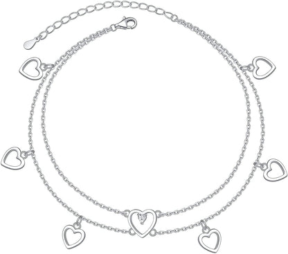 Anklet for Women S925 Sterling Silver Adjustable Foot Heart Lotus Infinity Moon Srars Flower Pearl Multilayer Layered Ankle Bracelet Beach Jewelry Apparel & Accessories > Jewelry > Anklets ALPHM Jewelry Factory Heart Layered  