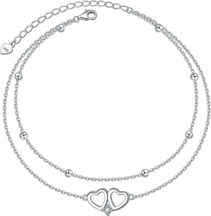 Anklet for Women S925 Sterling Silver Adjustable Foot Heart Lotus Infinity Moon Srars Flower Pearl Multilayer Layered Ankle Bracelet Beach Jewelry Apparel & Accessories > Jewelry > Anklets ALPHM Jewelry Factory Layered Heart  