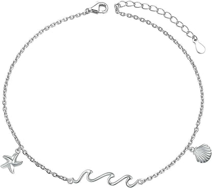 Anklets for Women S925 Sterling Silver Adjustable Beach Foot Ankle Bracelet Jewelry Gifts Apparel & Accessories > Jewelry > Anklets Silvermoon jewelry Wave  