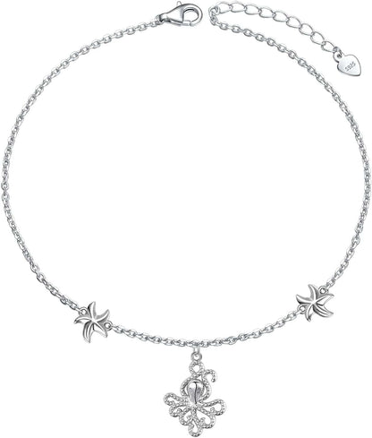 Anklets for Women S925 Sterling Silver Adjustable Beach Foot Ankle Bracelet Jewelry Gifts Apparel & Accessories > Jewelry > Anklets Silvermoon jewelry Octopus  