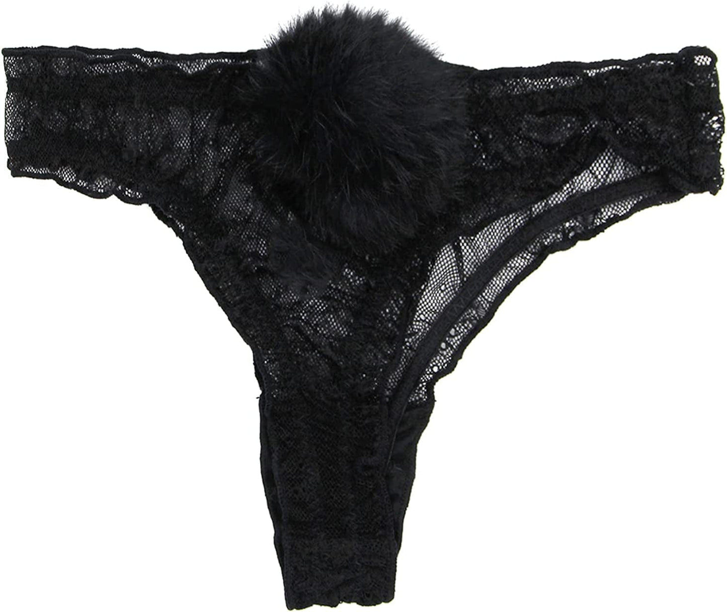 ANKOMINA Women Sexy Lace Panties Cute Fur Ball Rabbit Tail Transparent Seamless Underwear Low Rise G-String Thongs Lingerie Black / Large
