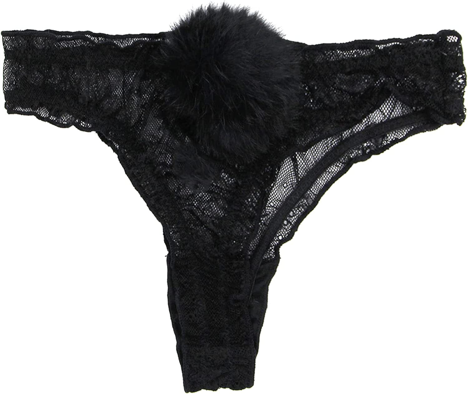 ANKOMINA Women Sexy Lace Panties Cute Fur Ball Rabbit Tail Transparent Seamless Underwear Low Rise G-String Thongs Lingerie Black / Large