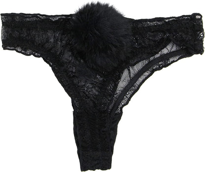 ANKOMINA Women Sexy Lace Panties Cute Fur Ball Rabbit Tail Transparent Seamless Underwear Low Rise G-String Thongs Lingerie Black / Large