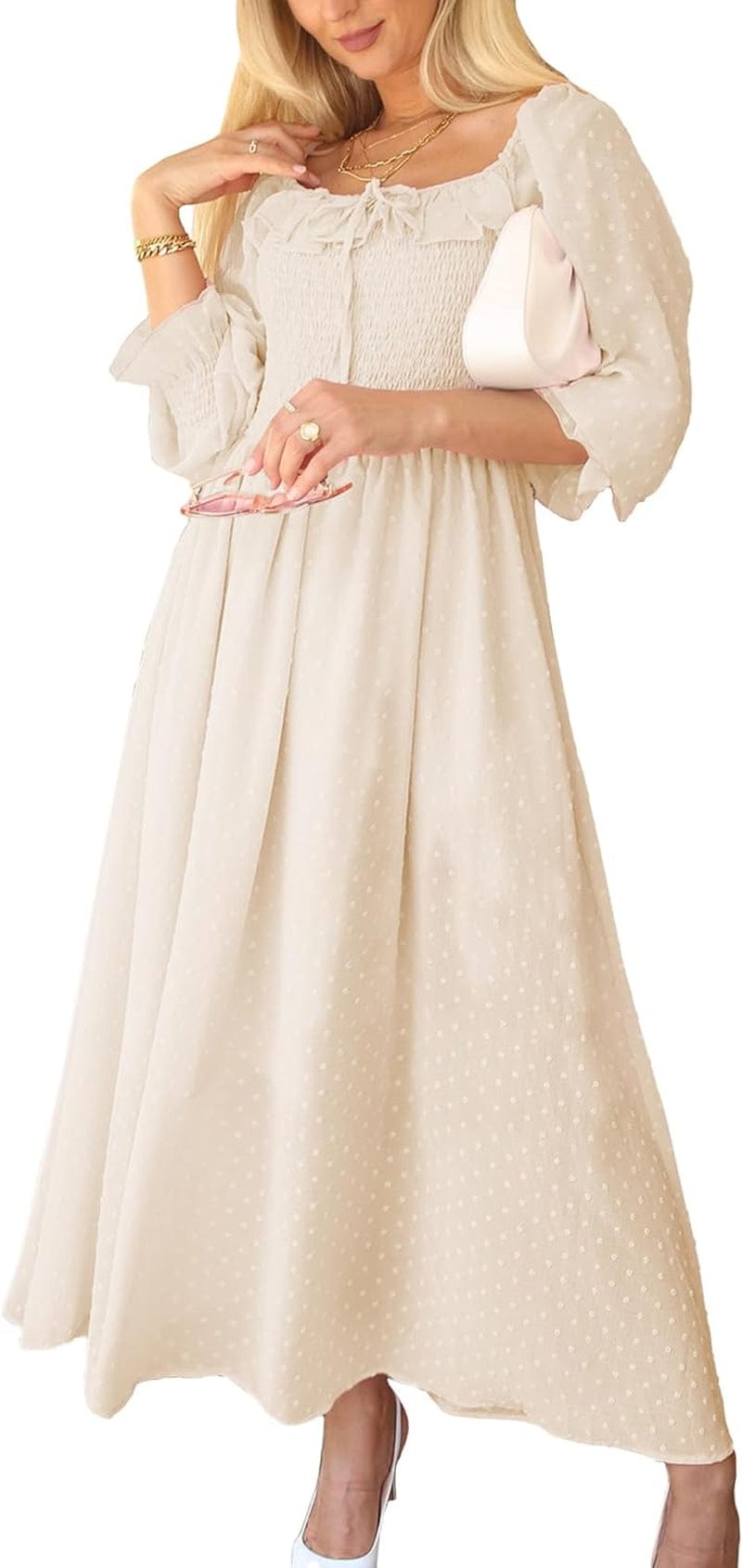 Anna-Kaci Long Sleeve Swiss Dot Lined Maxi Dress for Women Smocked Tied Detail Square Neck Beige / Small