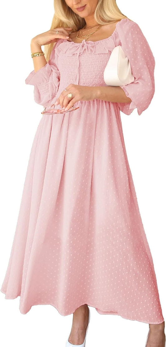 Anna-Kaci Long Sleeve Swiss Dot Lined Maxi Dress for Women Smocked Tied Detail Square Neck