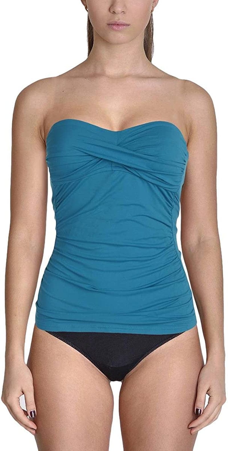 Anne Cole Women'S Solid Twist Front Shirred Bandeau Tankini Swim Top Dark Green / X-Small