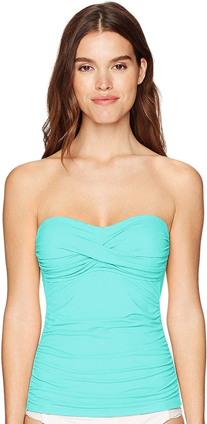 Anne Cole Women'S Solid Twist Front Shirred Bandeau Tankini Swim Top Turquoise / X-Small