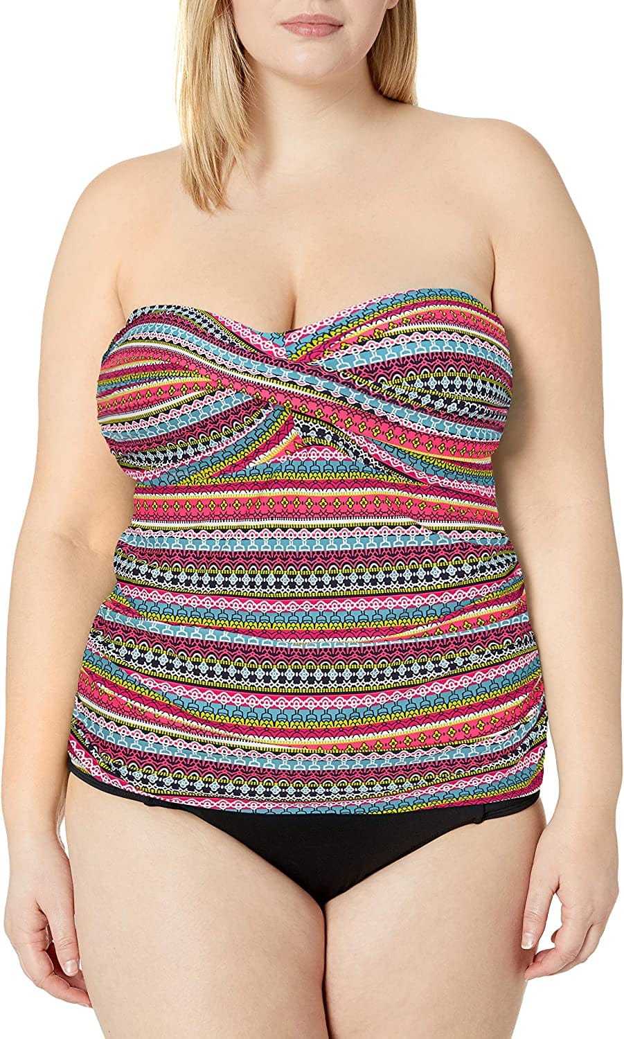 Anne Cole Women'S Solid Twist Front Shirred Bandeau Tankini Swim Top Jet Set Stripe / Small
