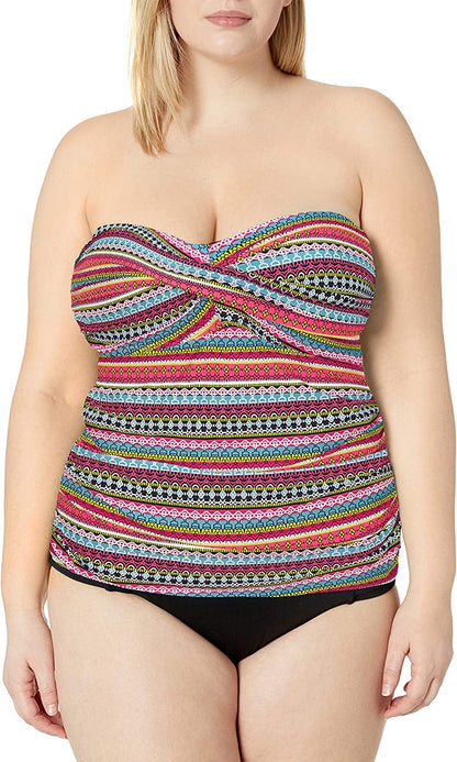 Anne Cole Women'S Solid Twist Front Shirred Bandeau Tankini Swim Top Jet Set Stripe / Small