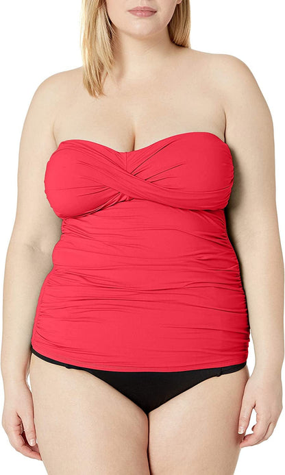 Anne Cole Women'S Solid Twist Front Shirred Bandeau Tankini Swim Top Coral / Medium