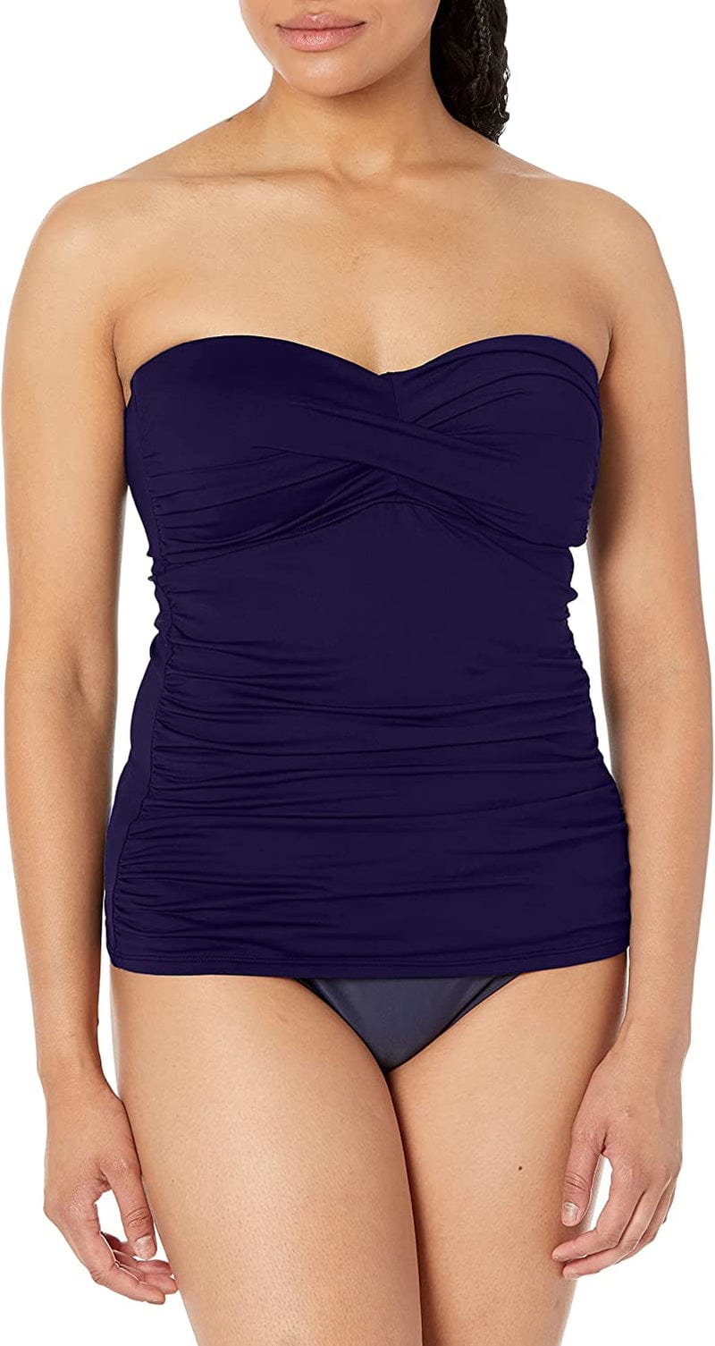 Anne Cole Women'S Solid Twist Front Shirred Bandeau Tankini Swim Top Navy / Medium