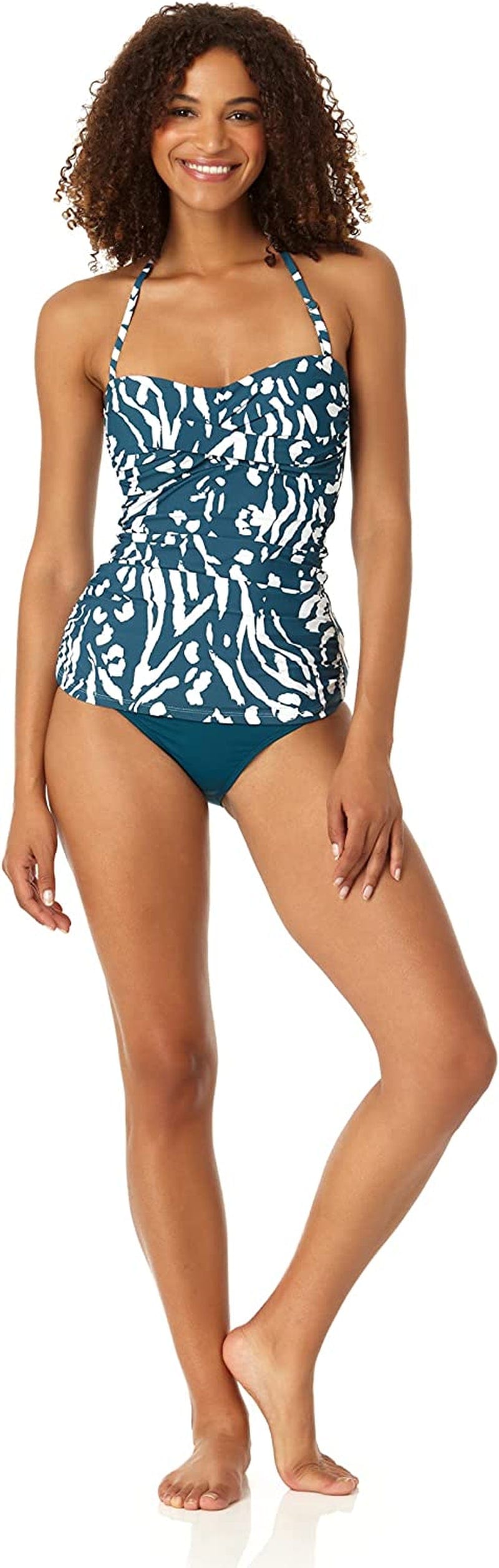 Anne Cole Women'S Solid Twist Front Shirred Bandeau Tankini Swim Top Blue/White / Medium