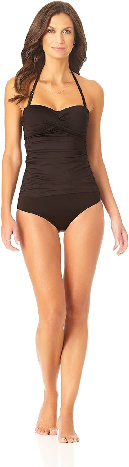 Anne Cole Women'S Solid Twist Front Shirred Bandeau Tankini Swim Top Black I / Medium